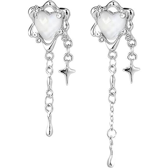 Iridescent Silver Kawaii  Heart Drop Earrings with Star & Chain Dangles - Picture 5 of 5